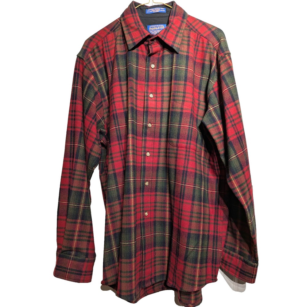 Pendleton Shirt Mens M Red Green Tartan Plaid Virgin Wool Button Up Mashine Wash